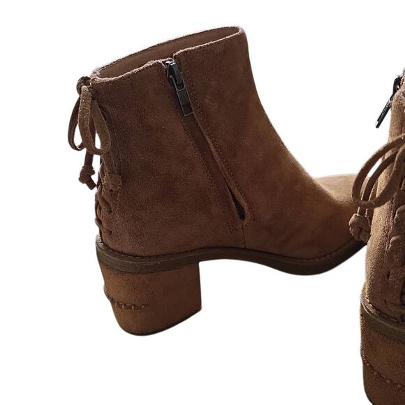 UGG Women's Size 7 Camel Suede Lace Back Side Zip Heeled Ankle Booties - Picture 8 of 9